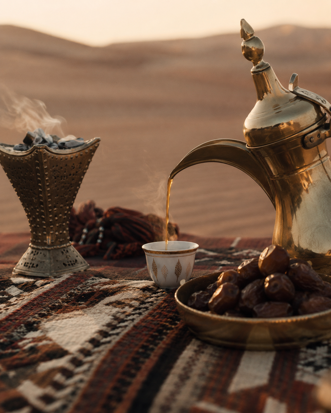 Coffee poured from a brass dallah onto a woven rug among the dunes at dusk