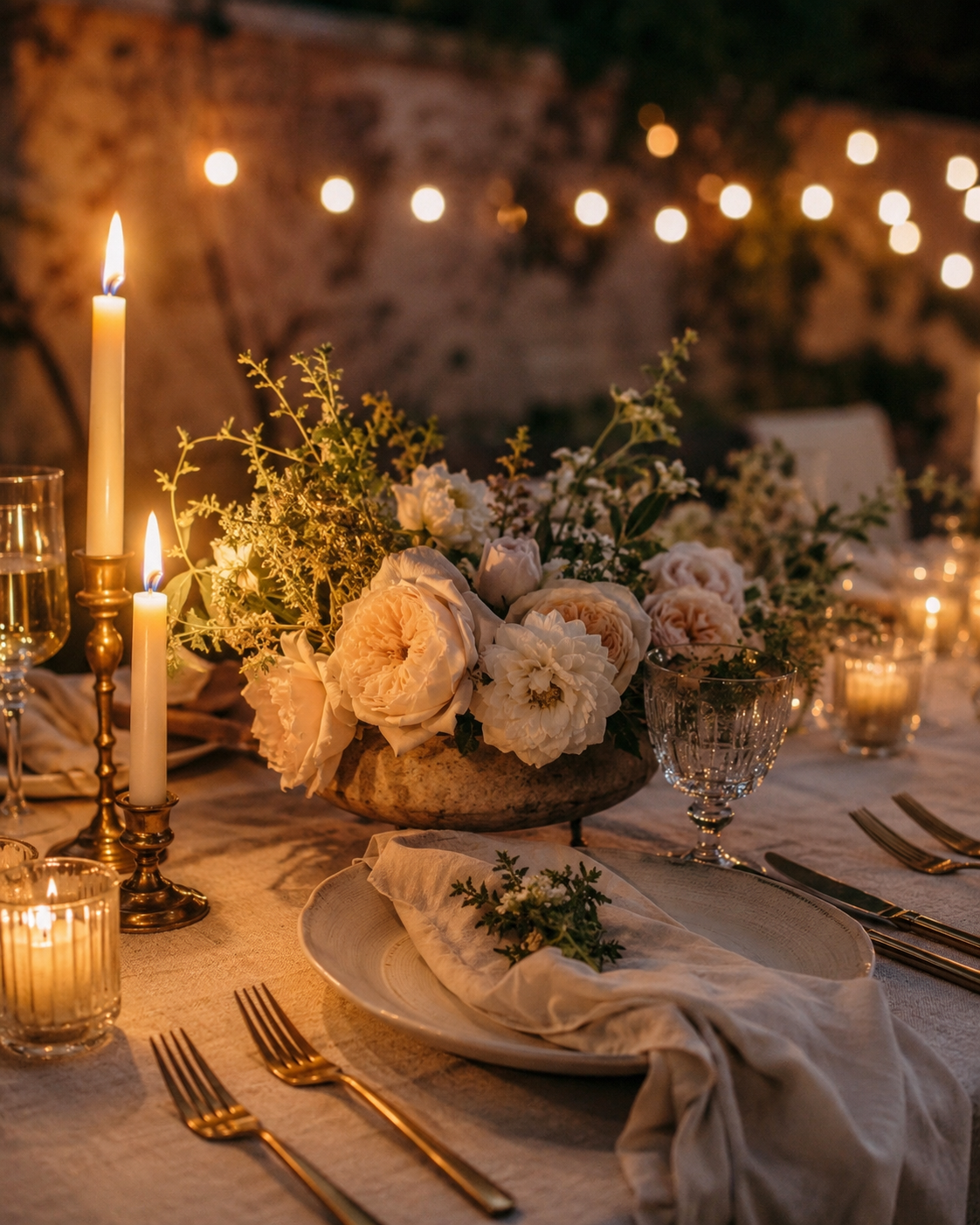 A candle-lit garden table with pale roses and linen