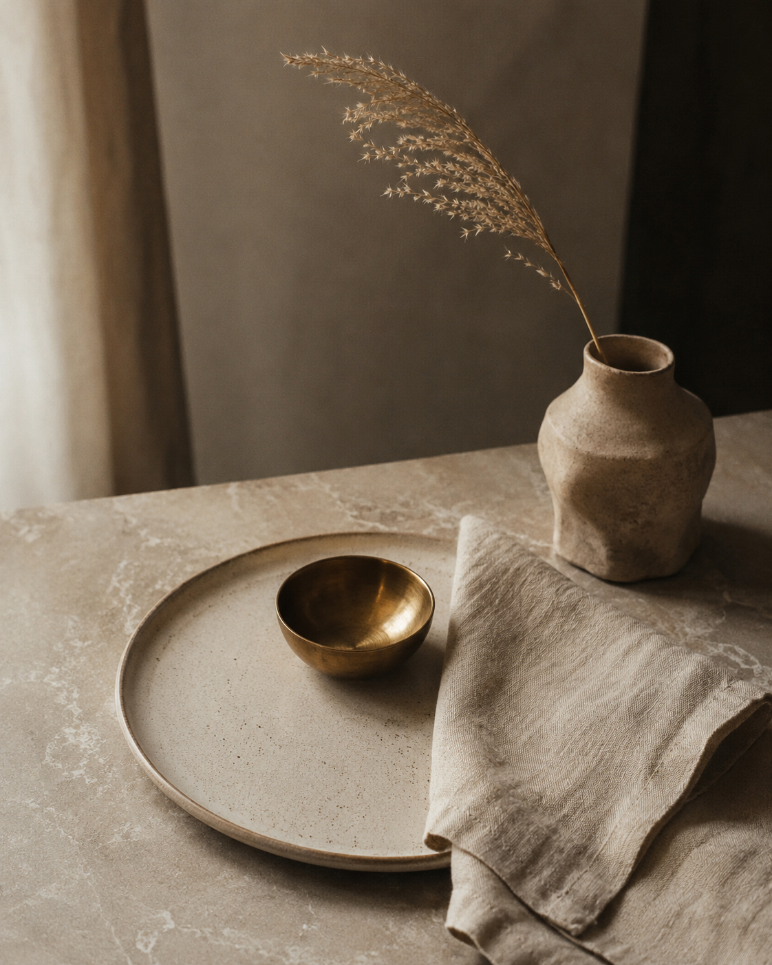 A stone table with a ceramic plate, a small brass bowl and raw linen