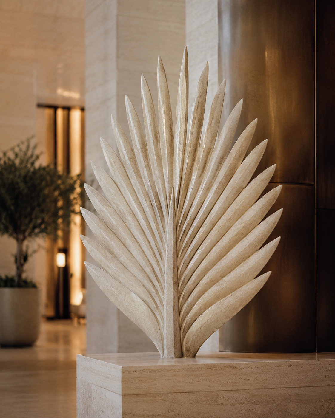 A carved stone palm sculpture in a warm hotel lobby