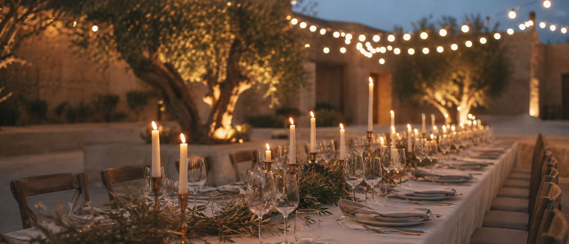 A long candle-lit garden table at dusk, set under string lights and olive trees
