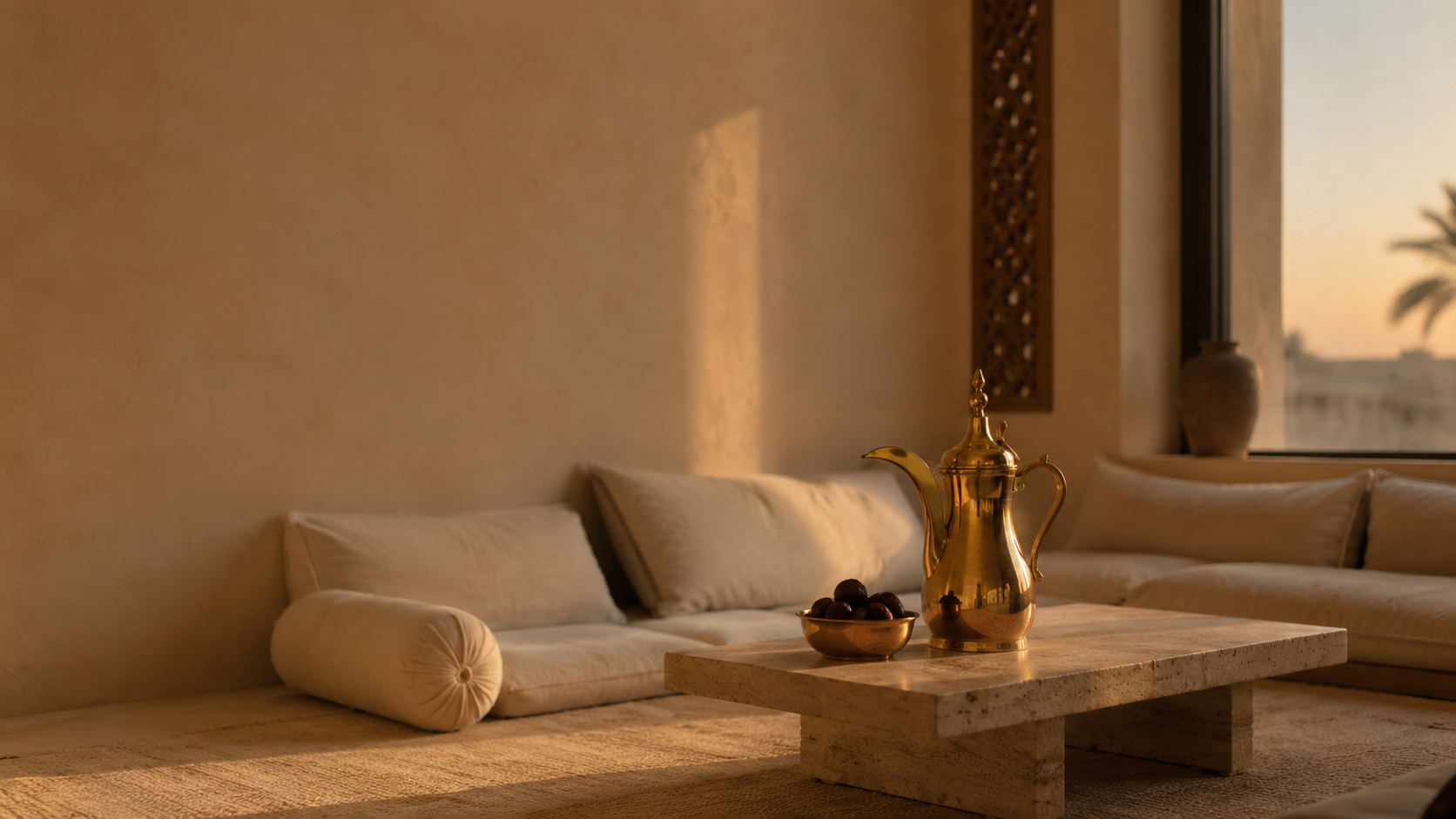 A contemporary majlis at dusk, with a brass dallah and dates in warm light
