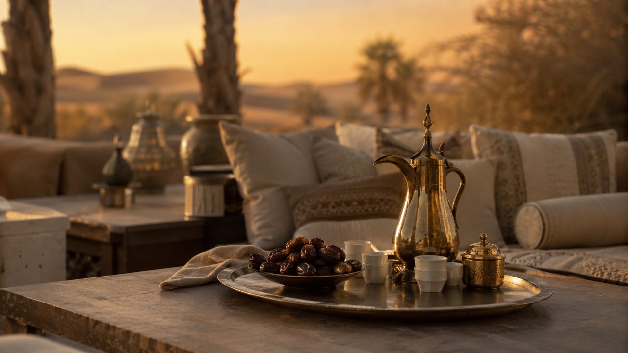 Al Dhafra at Dusk — a host reviewing material samples laid across a stone table by the water at golden hour.