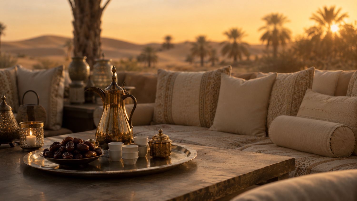 Al Dhafra at Dusk — a desert majlis at sunset with a brass dallah, a plate of dates and patterned cushions before the dunes and palms.