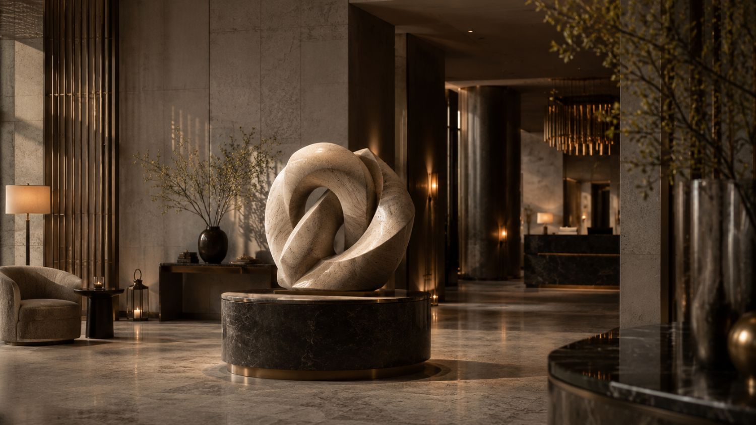 The Welcome — a sculptural stone centrepiece on a dark plinth in a warmly lit contemporary marble lobby.